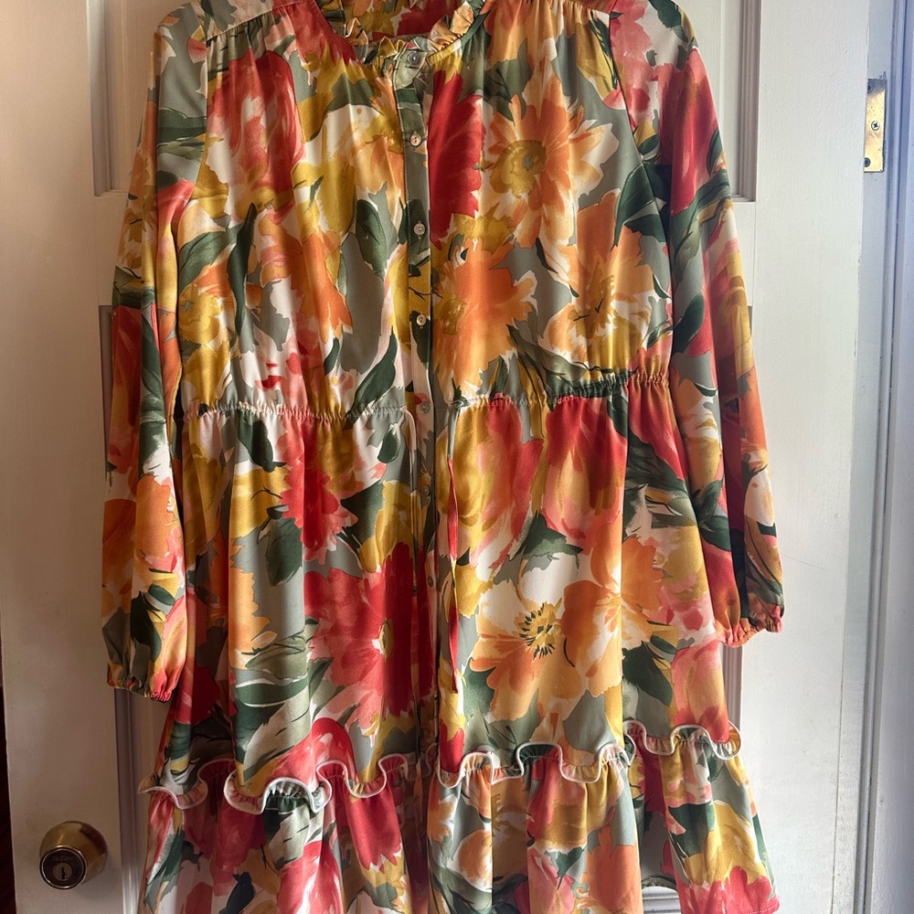JODIFL Girls' Floral Tiered Dress in Yellow, Coral & Green